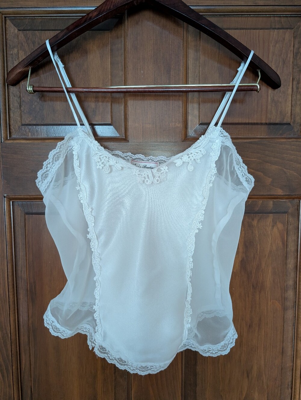 Vintage Amy’s Boutique USA Satin Lace Camisole Top White Sheer Panels Size M